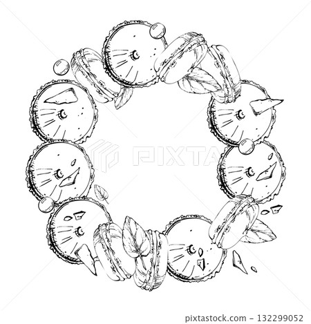 French macarons with scattered cocoa bonbons, mint, chocolate bar fragments arranged in circle. Isolated hand drawn vector ink wreath. Ornamental frame elements, tag templates, packaging borders. 132299052