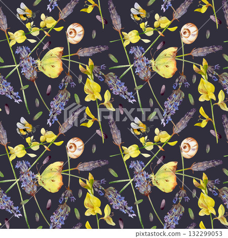 Lavender flowers seeds, butterfly pattern with garden snails for whimsical projects. Hand drawn in watercolor, seamless illustration isolated on dark. Scrapbooking, planner art, fabric, eco-branding. 132299053