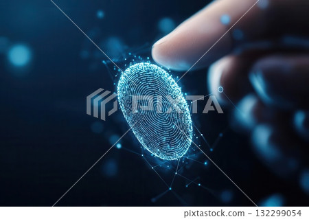 A fingertip hovers over a glowing digital fingerprint, representing biometric security. 132299054