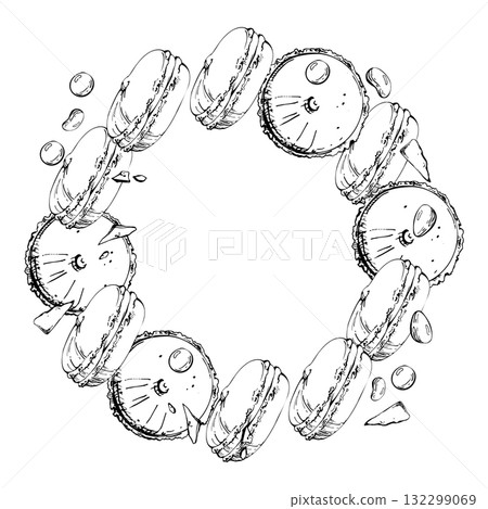 French macarons, sandwich biscuits and Whoopie pies in circular layout with chocolate crumb garnish, candy dragees. Isolated hand drawn vector ink wreath. Party menu frame art, handmade class invites. 132299069