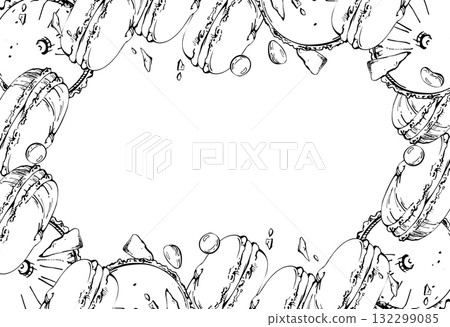 French macarons, moon pies with scattered candy dragees, mousse-filled whoopie pies. Isolated illustration hand drawn in vector ink. Kitchen label edging, frame design sets, sweet product packaging. 132299085
