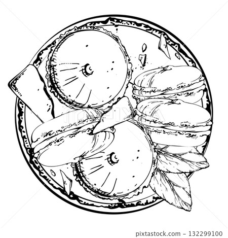 Stacked macarons with chocolate bar fragments, cocoa-dusted candy dragees, fresh mint on ceramic plate. Isolated hand drawn vector ink illustration. Food festival, recipe e-book visuals, dessert tag. 132299100