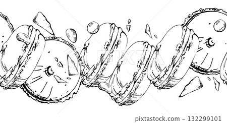 Macaron tower with chocolate chunks, cocoa beans, and candy dragees. Hand drawn in vector ink, isolated for seamless pattern backgrounds, bakery wallpaper designs, menu edging, blog header borders. 132299101