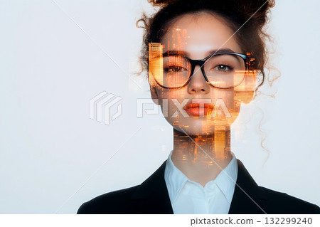 Portrait of a serious and determined businesswoman in a professional attire with a focused gaze in a modern urban environment 132299240