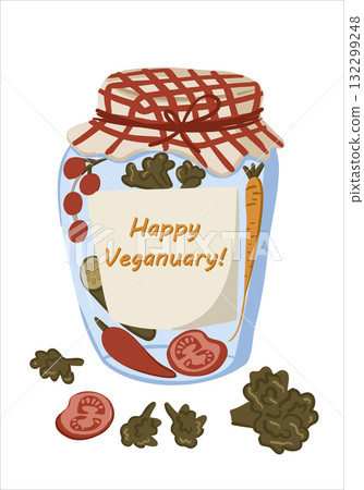 Hand drawn jar filled with vegetables and a label saying Happy Veganuary 132299248