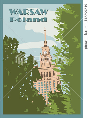 Hand drawn travel poster of Warsaw, Poland featuring a tall historic building surrounded 132299249