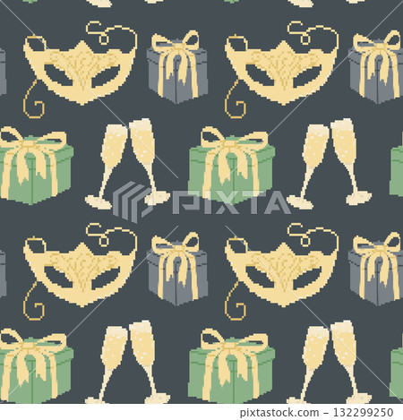 Hand drawn pixel art seamless pattern with champagne glasses, gift boxes, and masquerade masks 132299250