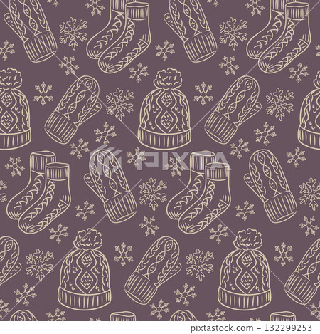 Hand drawn seamless winter pattern with knitted hats, mittens, socks, and snowflakes 132299253