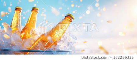 Cold beer bottles in ice bucket, summer refreshment 132299332