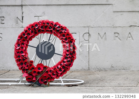 Remembrance Day Poppy Wreaths at Memorial. World War remembrance day. 132299348