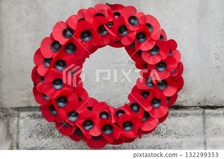 Remembrance Day Poppy Wreath Mounted on Wall. World War remembrance day. 132299353