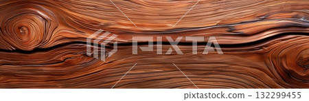 Close-up of rich brown wood grain with knots and a crack. 132299455