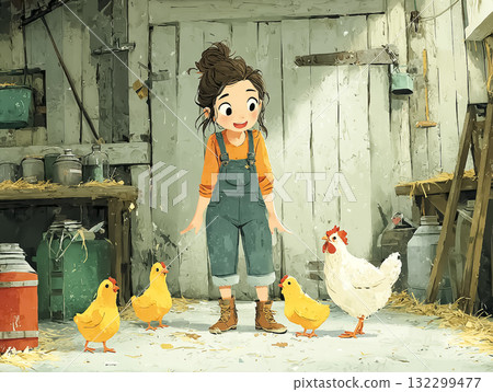 Miyu Series: A young woman taking care of chicks in a chicken coop 132299477
