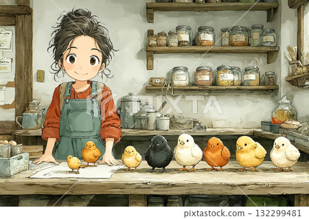 Miyu Series: A young woman taking care of chicks in a chicken coop 132299481