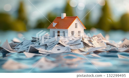 A small house model sits atop a pile of US dollar bills, symbolizing wealth and prosperity. 132299495