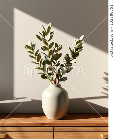 plant in vase on wooden table 132299551