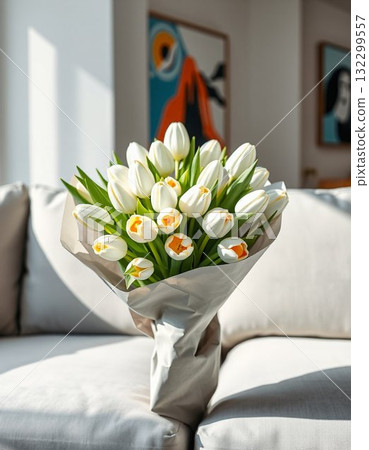 white tulips on bed 132299557