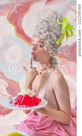 Playful rococo woman tasting red dessert with finger on pastel artistic background 132299569