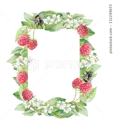 Raspberry twig frame, vertical. Ripe berries, green leaves, white flowers, bumblebees. Hand drawn watercolor illustration, isolated. Bright clip art for greeting cards and labels for juice, jam, tea. 132299655
