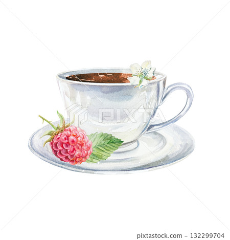 Cup of tea with a raspberry and a green leaf on a saucer. Hand drawn watercolor botanical illustration of ripe berries. Vibrant clip art for postcards, tea labels and menu design. 132299704