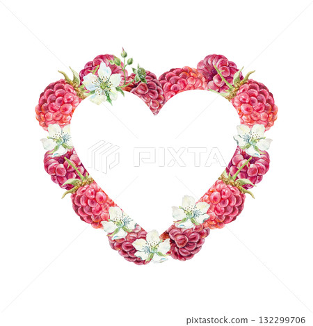 Frame of ripe raspberries and white flowers in the shape of a heart. Hand drawn watercolor illustration, isolated. Bright clip art for postcards, juice, jam and tea labels. 132299706