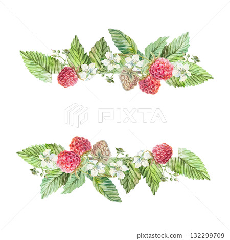 Raspberry text template. Ripe berries, green leaves and white flowers. Hand drawn watercolor illustration, isolated. Bright clip art for postcards, juice, jam and tea labels. 132299709