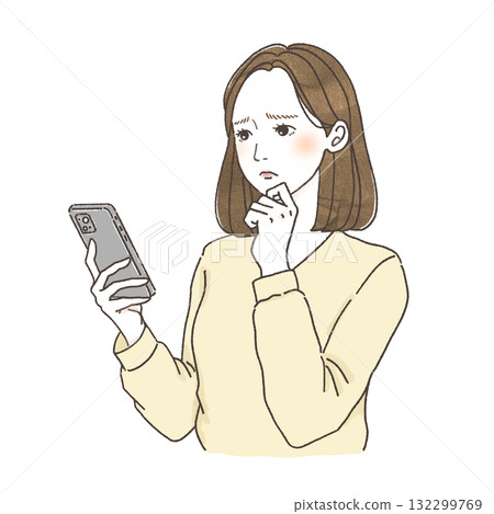 一位女士看著智慧型手機並擔心的插圖 | 困擾的表情,陷入沉思,厭倦社交媒體,手繪人物素材 一位女士看著智慧型手機並擔心的插圖 | 困擾的表情,陷入沉思,厭倦社交媒體,手繪人物素材 132299769