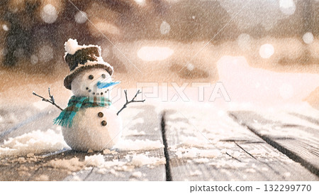 冬日里，一個雪人站在木甲板上 132299770