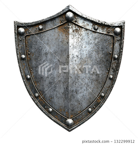 Metal shield with rivets and a rustic finish isolated on white background 132299912