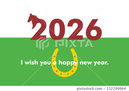 馬年新年賀卡設計以 2026 年標誌為特色，融合了馬和馬蹄，象徵著幸福。 132299964