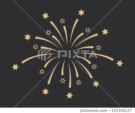 Golden fireworks burst with glowing stars on dark background. Festive explosion illustration symbolizing celebration, joy, holiday, and success. Perfect for New Year, Christmas, party design projects 132300127