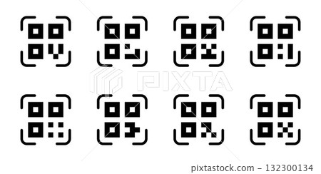 Set of modern black QR code icons isolated on white background. Minimal digital barcode collection for scanning, mobile apps, technology, marketing, and business use. Clean vector design concept 132300134