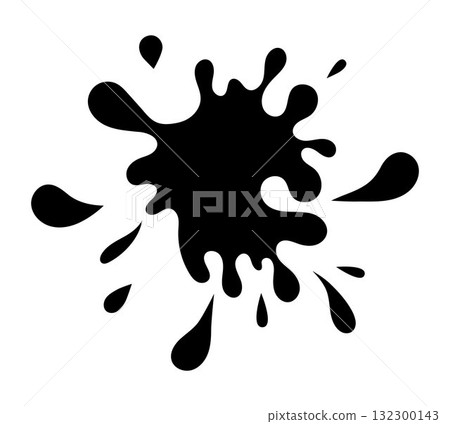 Black ink splatter. Abstract paint stain shape with drops and drips. Grunge artistic blot for design, creativity, art projects, graffiti, texture, and decoration elements Black ink splatter. Abstract paint stain shape with drops and drips. Grunge artistic blot for design, creativity, art projects, graffiti, texture, and decoration elements 132300143