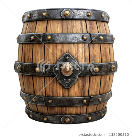 Wooden barrel with metal bands, designed for storage or decoration in home or rustic settings 132300210