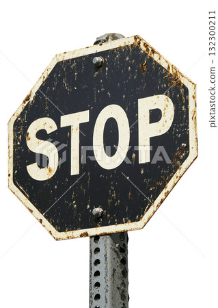 Weathered stop sign mounted on a pole in an urban setting during the day 132300211