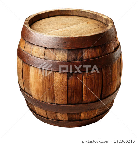 Wooden barrel crafted from dark stained timber with a smooth lid and detailed craftsmanship Wooden barrel crafted from dark stained timber with a smooth lid and detailed craftsmanship 132300219