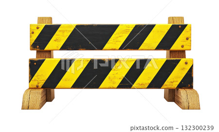 Construction barrier with yellow and black stripes placed in an isolated area during daytime Construction barrier with yellow and black stripes placed in an isolated area during daytime 132300239