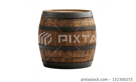 Wooden barrel with metal bands isolated on a white background for decorative or storage purposes 132300255