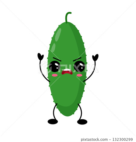 Funny angry cucumber kawaii character isolated on white Funny angry cucumber kawaii character isolated on white 132300299