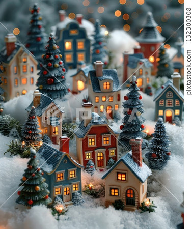 Charming miniature winter village scene with colorful houses and snow-covered landscape Charming miniature winter village scene with colorful houses and snow-covered landscape 132300308