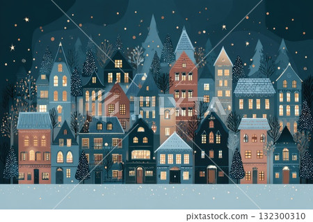 Colorful winter village illustration with snow-covered rooftops and twinkling lights at night 132300310