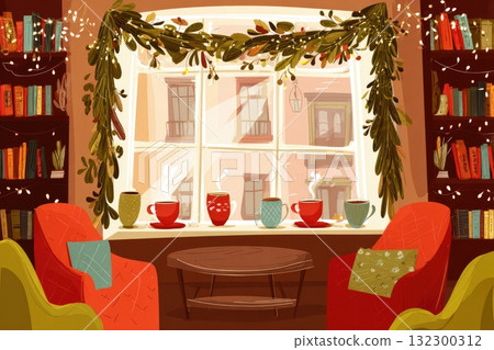 Cozy indoor scene with colorful mugs and warm decor by a window with greenery and books Cozy indoor scene with colorful mugs and warm decor by a window with greenery and books 132300312