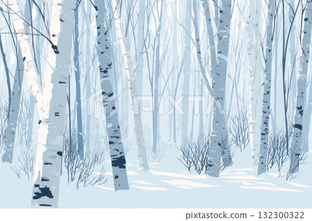Winter forest landscape illustration with birch trees and soft snow-covered ground 132300322
