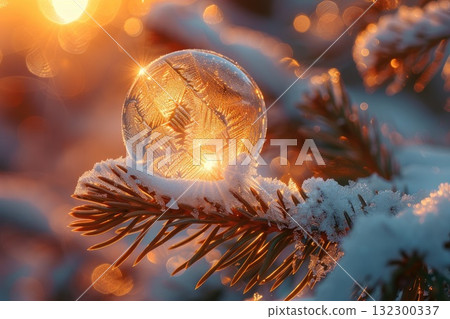 Frosted glass ornament resting on snow-covered pine branch with warm sunlight glowing Frosted glass ornament resting on snow-covered pine branch with warm sunlight glowing 132300337