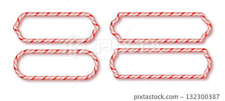 Xmas candy cane border. Striped red and white lollipop frame Christmas vector template. Xmas candy cane border. Striped red and white lollipop frame Christmas vector template. 132300387