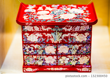 Traditional Korean wooden Jewerly box with a pattern. Colorful traditional case 132300450