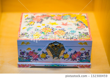 Traditional Korean wooden Jewerly box with a pattern. Colorful traditional case 132300459