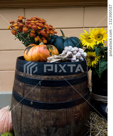 Colorful pumpkins and flowers Colorful pumpkins and flowers 132300587