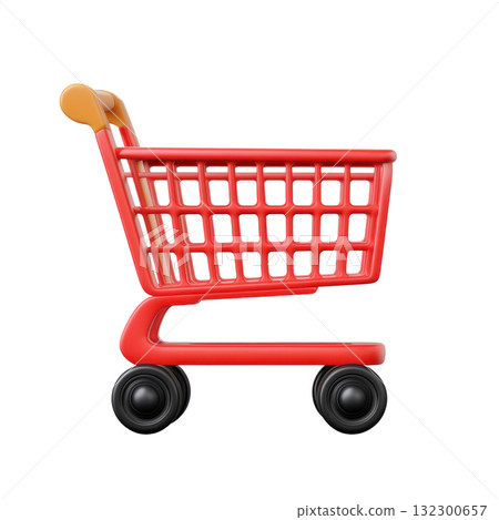 Bright red shopping cart isolated on a white surface, showcasing a contemporary design ideal for fun retail experiences Bright red shopping cart isolated on a white surface, showcasing a contemporary design ideal for fun retail experiences 132300657
