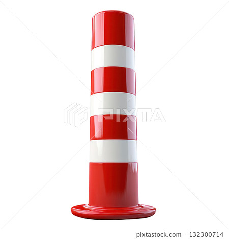 Vertical red and white striped traffic cone isolated on a plain background for safety and guidance in urban settings Vertical red and white striped traffic cone isolated on a plain background for safety and guidance in urban settings 132300714
